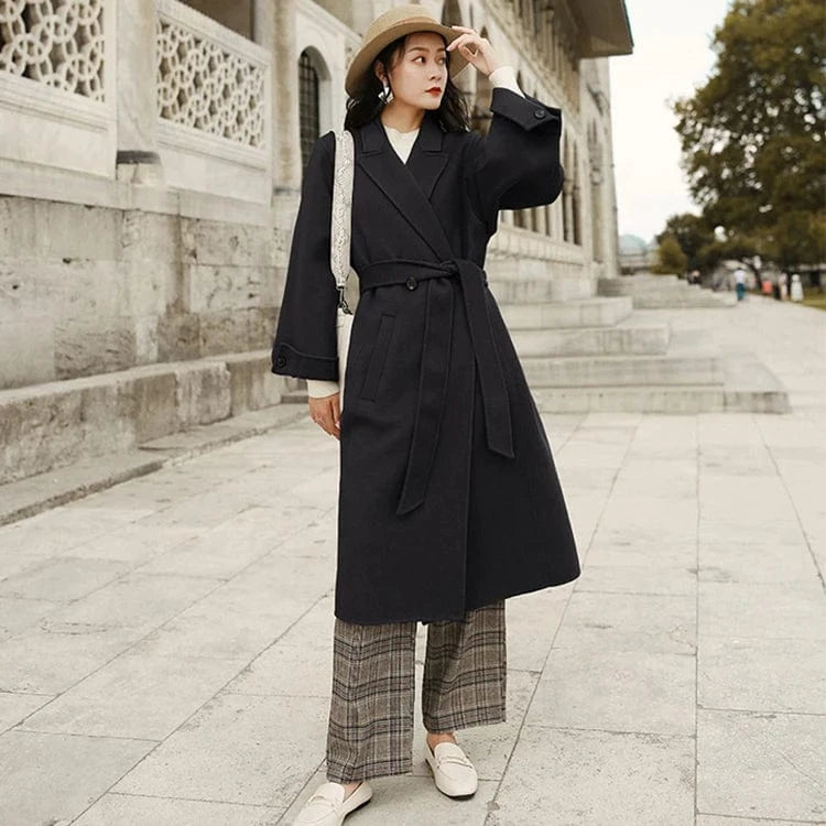 High Quality Turn Down Collar Outwear Women Long Cashmere Wool Coat with Belt