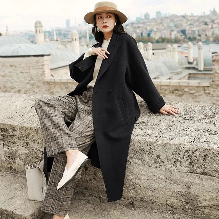 High Quality Turn Down Collar Outwear Women Long Cashmere Wool Coat with Belt