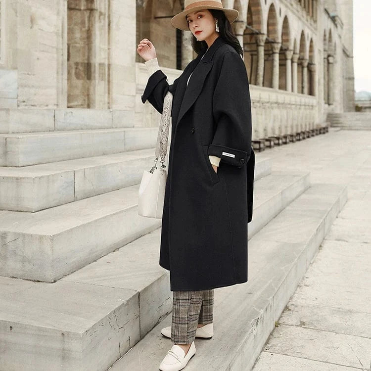 High Quality Turn Down Collar Outwear Women Long Cashmere Wool Coat with Belt