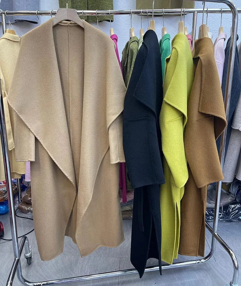 High Quality Turn Down Collar Water Ripple Wool Coat Handmade Long Cashmere Trench Coat with Belt