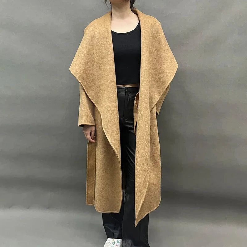 High Quality Turn Down Collar Water Ripple Wool Coat Handmade Long Cashmere Trench Coat with Belt