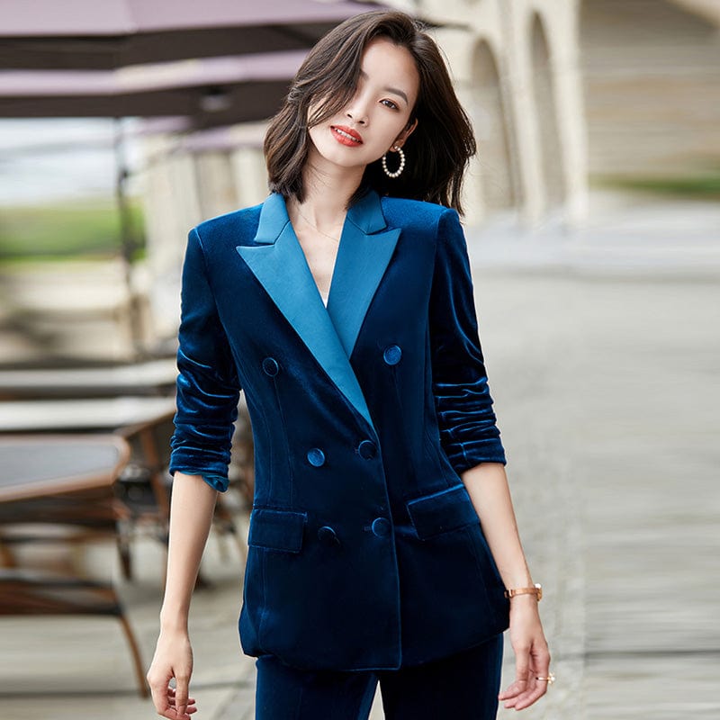 High-quality Velvet Fabric Business Pant Suit 2 Piece Set for Women Fashion Jacket and Trouser Double Breasted Office Lady Style