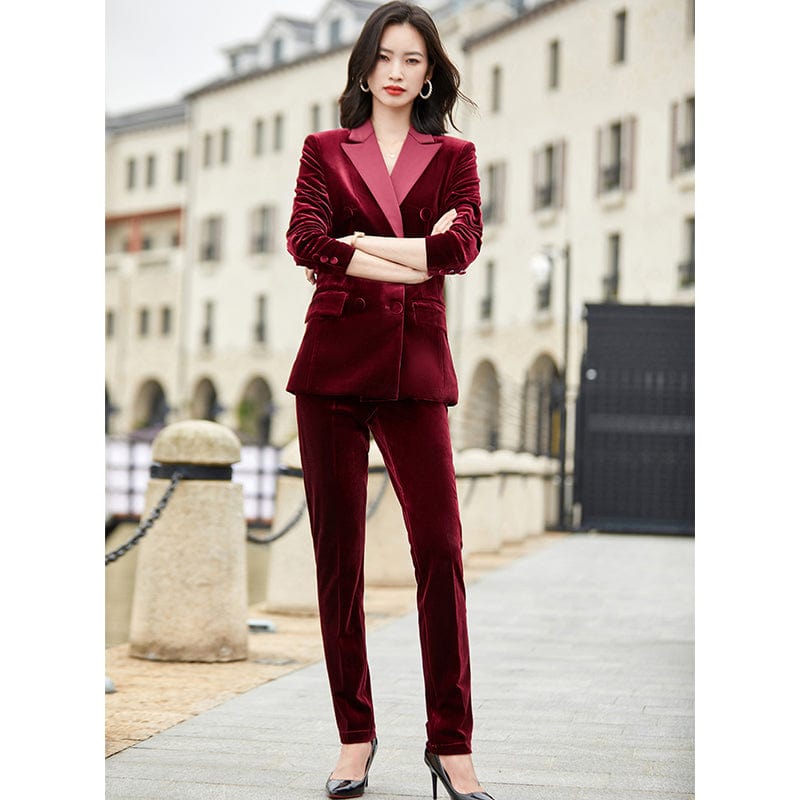 High-quality Velvet Fabric Business Pant Suit 2 Piece Set for Women Fashion Jacket and Trouser Double Breasted Office Lady Style