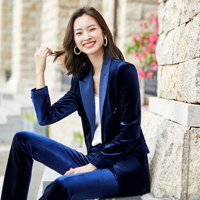 High-quality Velvet Fabric Business Pant Suit 2 Piece Set for Women Fashion Jacket and Trouser Double Breasted Office Lady Style