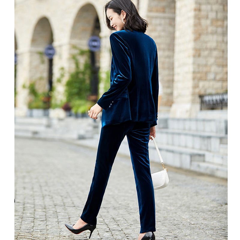 High-quality Velvet Fabric Business Pant Suit 2 Piece Set for Women Fashion Jacket and Trouser Double Breasted Office Lady Style