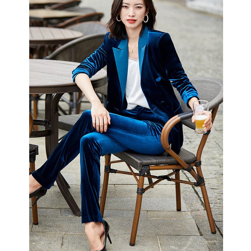 High-quality Velvet Fabric Business Pant Suit 2 Piece Set for Women Fashion Jacket and Trouser Double Breasted Office Lady Style