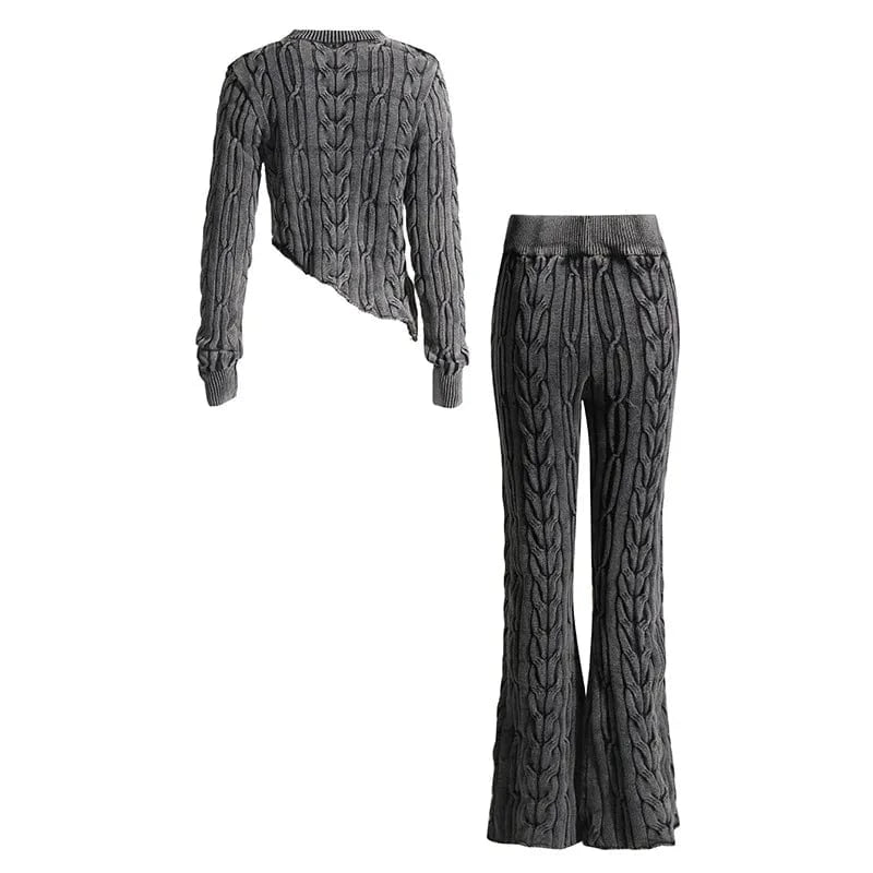 High Quality Vintage Fall Winter Outfit Rib Long Sleeve Crop Top Flare Pant Women Knitted Sweaters Two 2 Piece Set