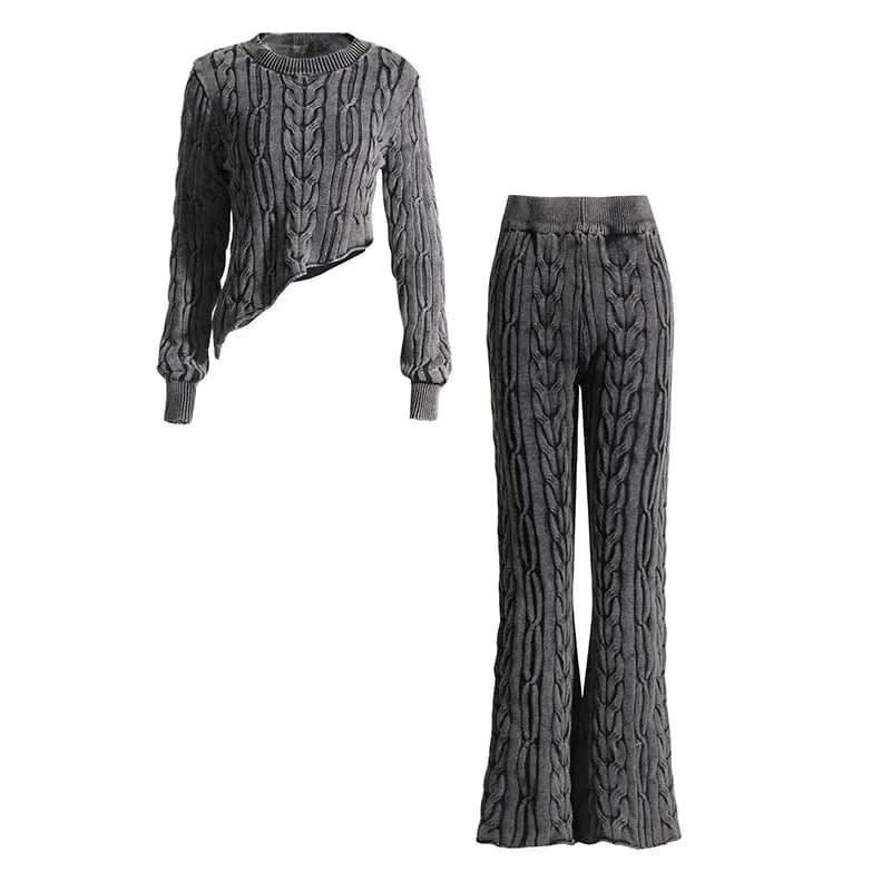 High Quality Vintage Fall Winter Outfit Rib Long Sleeve Crop Top Flare Pant Women Knitted Sweaters Two 2 Piece Set