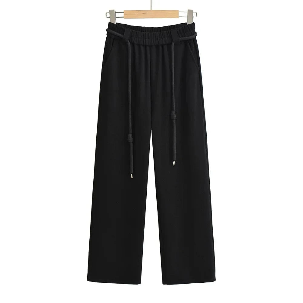 High Quality Wide Legs Ladies Sweatpants Waist Loop Drawstring Back Pocket Elastic Waistband Female Trousers Joggers Women
