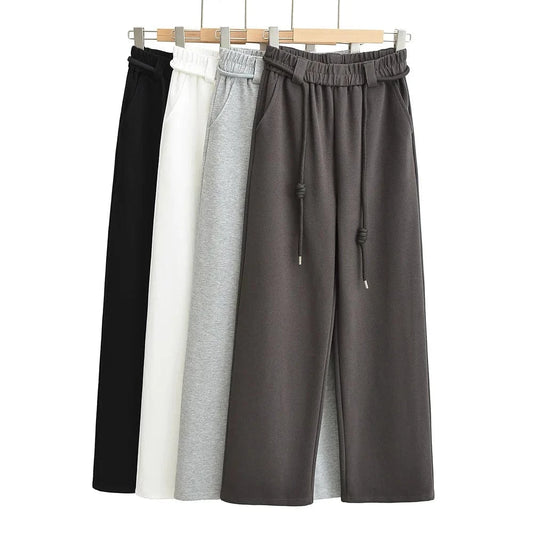 High Quality Wide Legs Ladies Sweatpants Waist Loop Drawstring Back Pocket Elastic Waistband Female Trousers Joggers Women