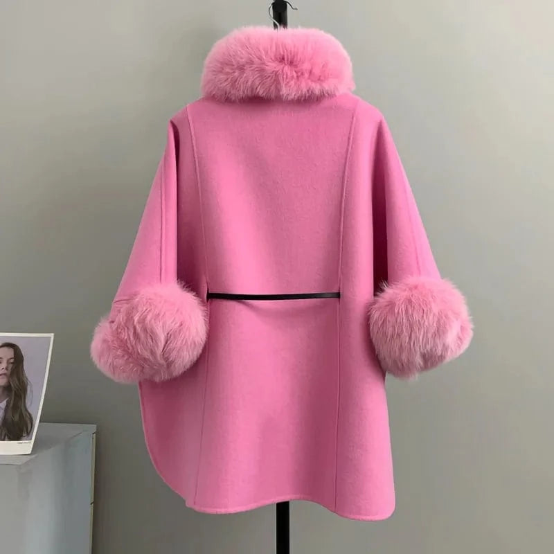 High Quality Winter Sheep Wool Fox Fur Collar Cuffs Coat Real Cashmere Wool Coat Women