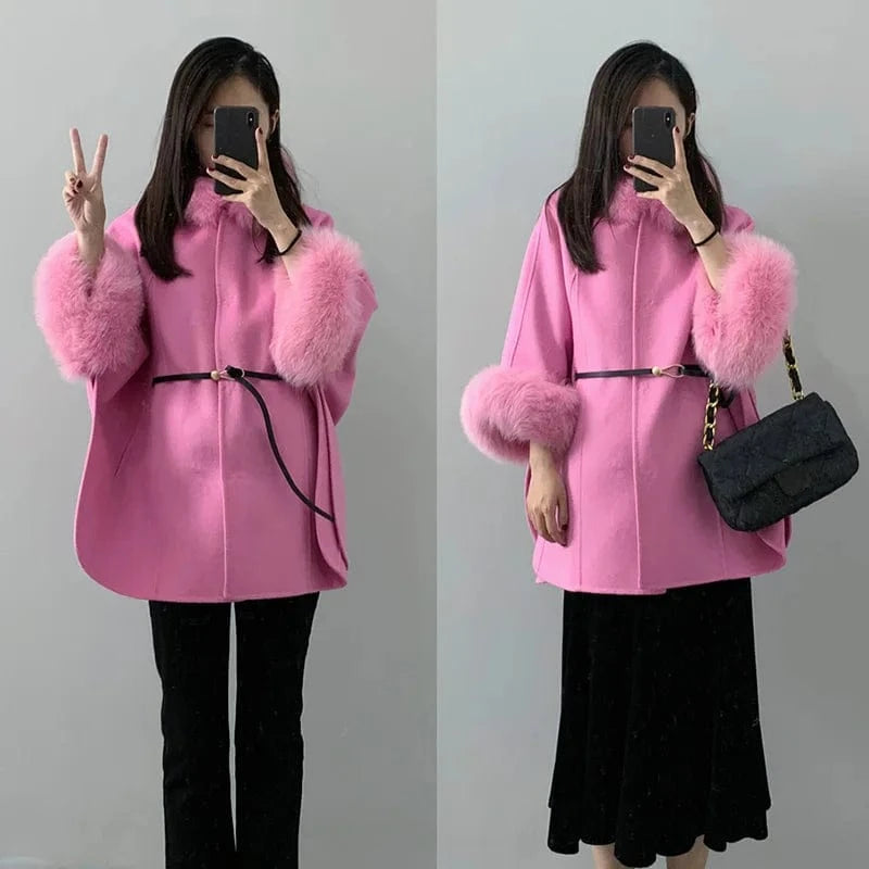 High Quality Winter Sheep Wool Fox Fur Collar Cuffs Coat Real Cashmere Wool Coat Women
