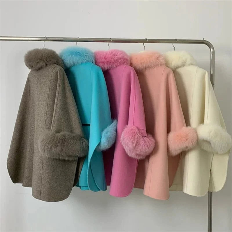 High Quality Winter Sheep Wool Fox Fur Collar Cuffs Coat Real Cashmere Wool Coat Women