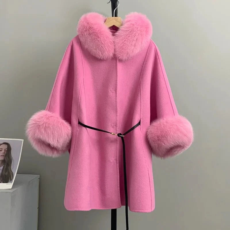 High Quality Winter Sheep Wool Fox Fur Collar Cuffs Coat Real Cashmere Wool Coat Women