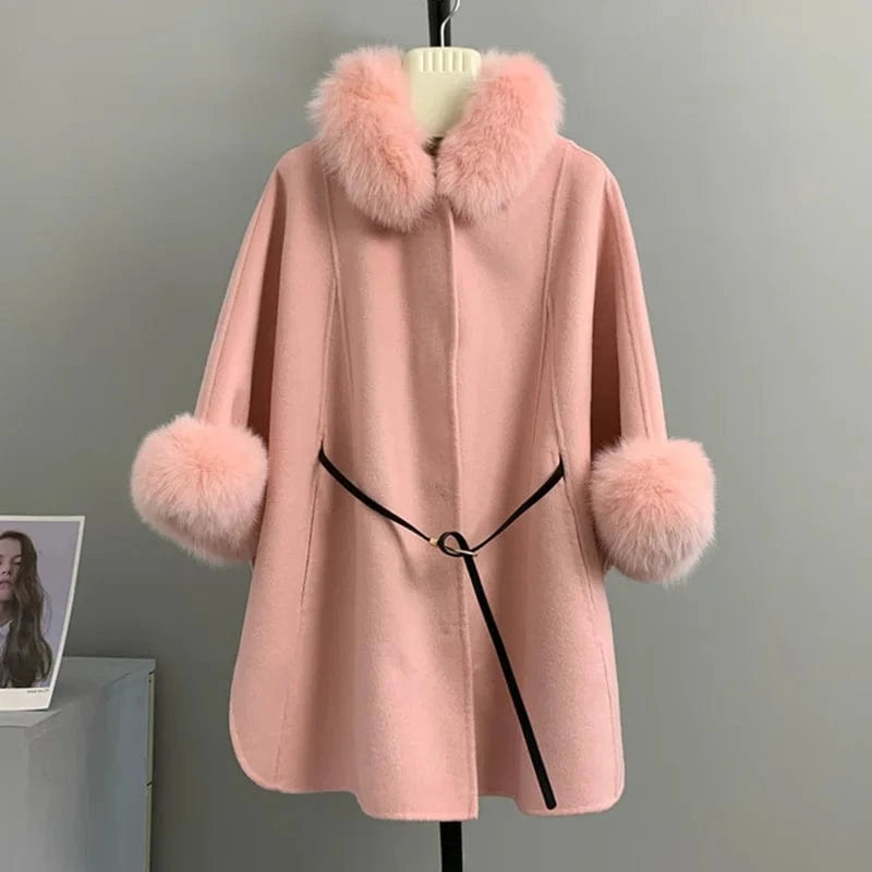 High Quality Winter Sheep Wool Fox Fur Collar Cuffs Coat Real Cashmere Wool Coat Women