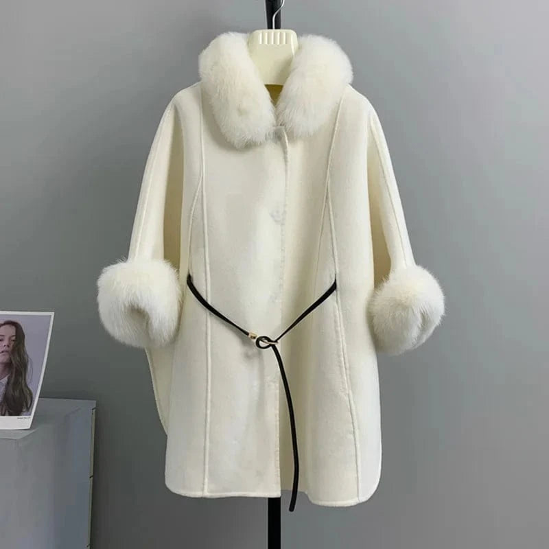 High Quality Winter Sheep Wool Fox Fur Collar Cuffs Coat Real Cashmere Wool Coat Women