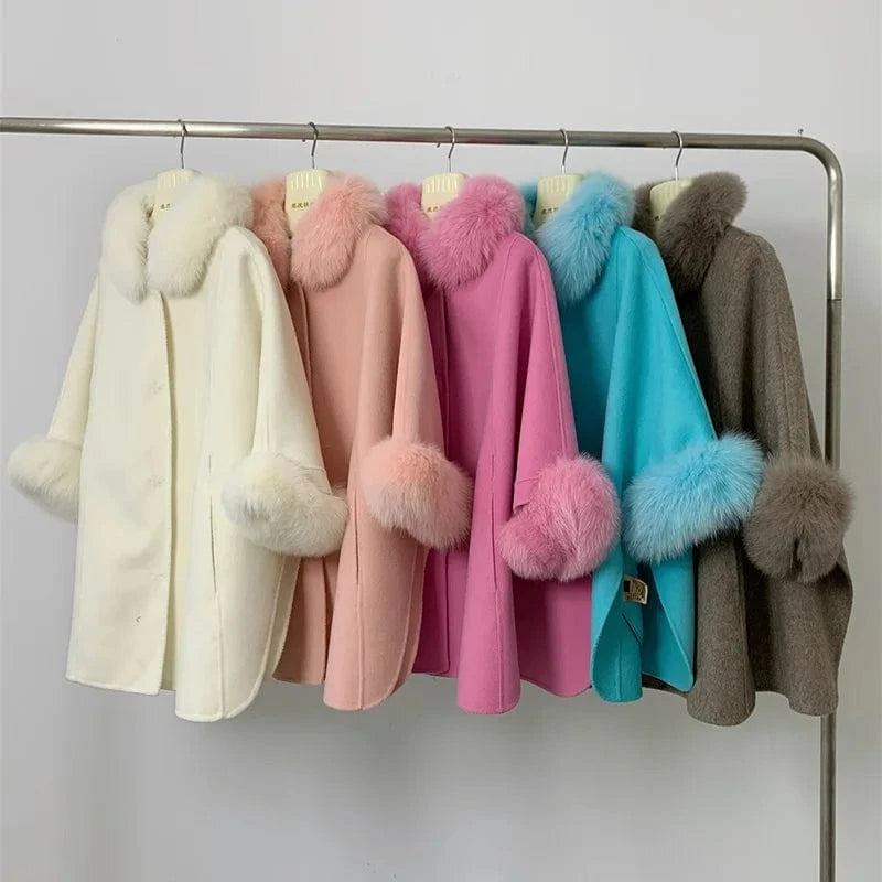 High Quality Winter Sheep Wool Fox Fur Collar Cuffs Coat Real Cashmere Wool Coat Women
