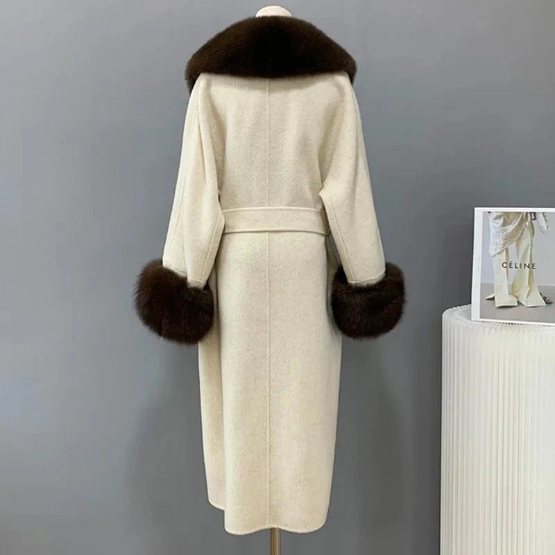 High Quality Winter Warm Solid Long Wool Trench Coat Women Cashmere Coat with Fox Fur Collar Cuffs