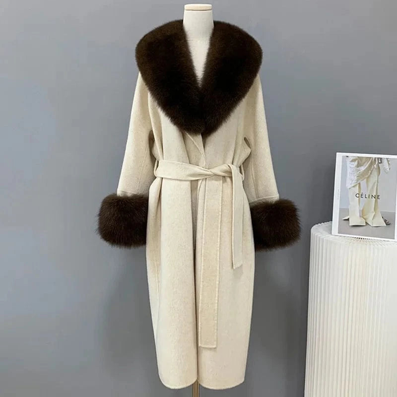 High Quality Winter Warm Solid Long Wool Trench Coat Women Cashmere Coat with Fox Fur Collar Cuffs