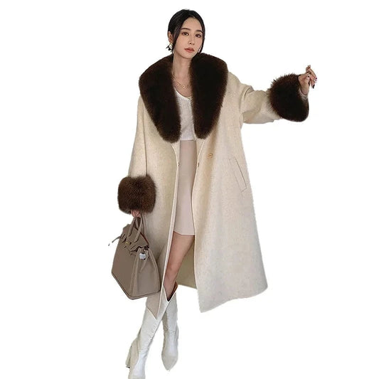 High Quality Winter Warm Solid Long Wool Trench Coat Women Cashmere Coat with Fox Fur Collar Cuffs