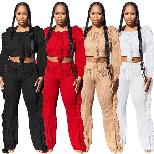 High Quality Women Boutique Knitted Two Piece Set Solid Suits Women Tassel Casual Sets for Winter Women Clothing