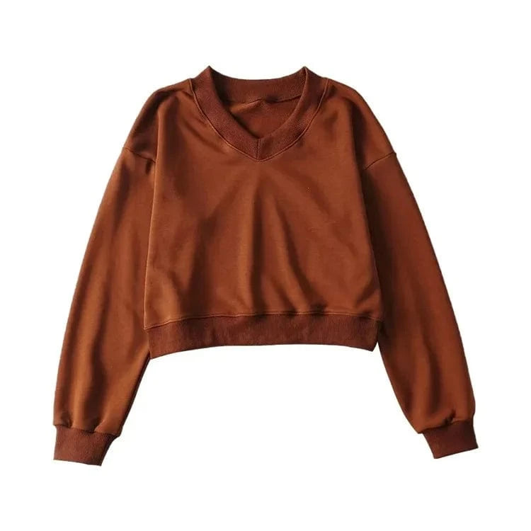 High Quality Women's Hoodies & Pullover Cotton Fleece V neck long sleeve rib hem Crop Top Custom logo for women's hoodie