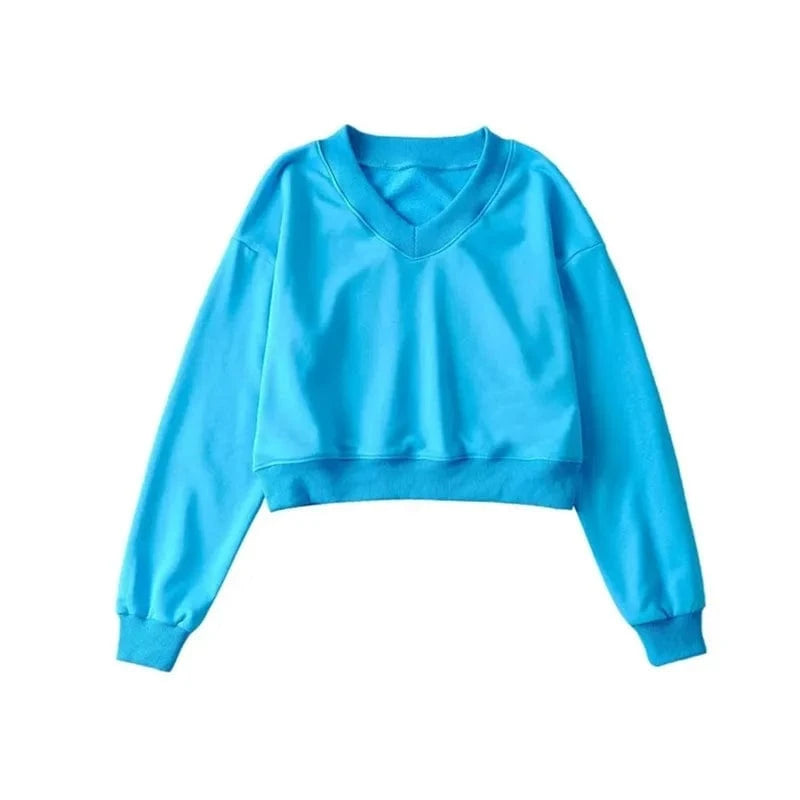 High Quality Women's Hoodies & Pullover Cotton Fleece V neck long sleeve rib hem Crop Top Custom logo for women's hoodie