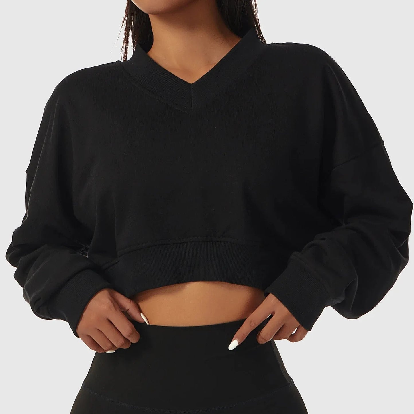 High Quality Women's Hoodies & Pullover Cotton Fleece V neck long sleeve rib hem Crop Top Custom logo for women's hoodie