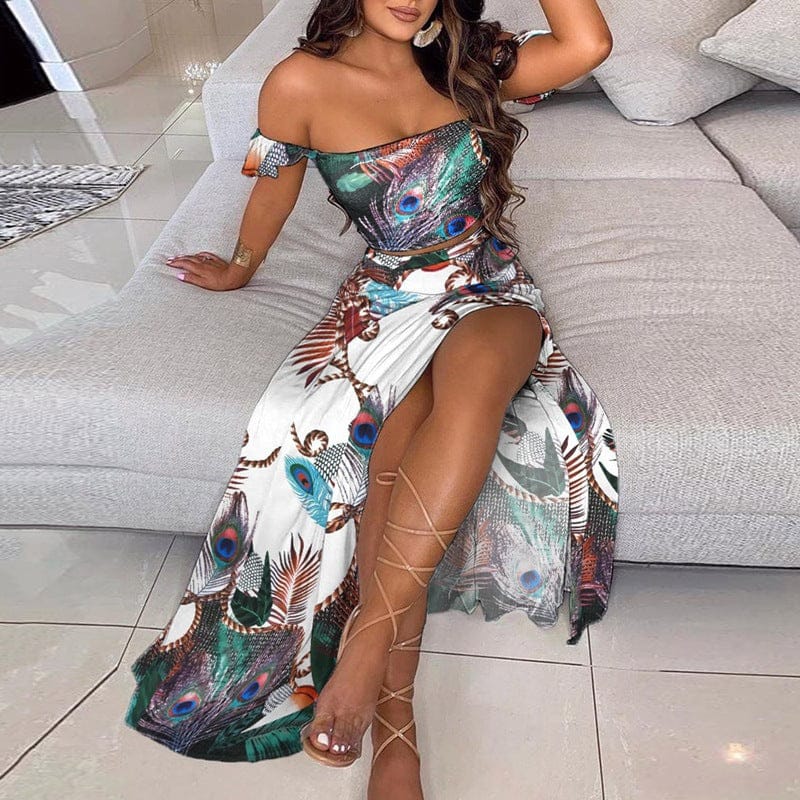 High Quality Women's Summer Off Shoulder Long Maxi Dress Plus Size Floral Print Two Piece Set Skirts And Dresses Factory Supply