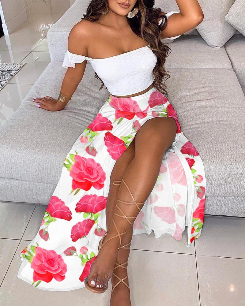 High Quality Women's Summer Off Shoulder Long Maxi Dress Plus Size Floral Print Two Piece Set Skirts And Dresses Factory Supply