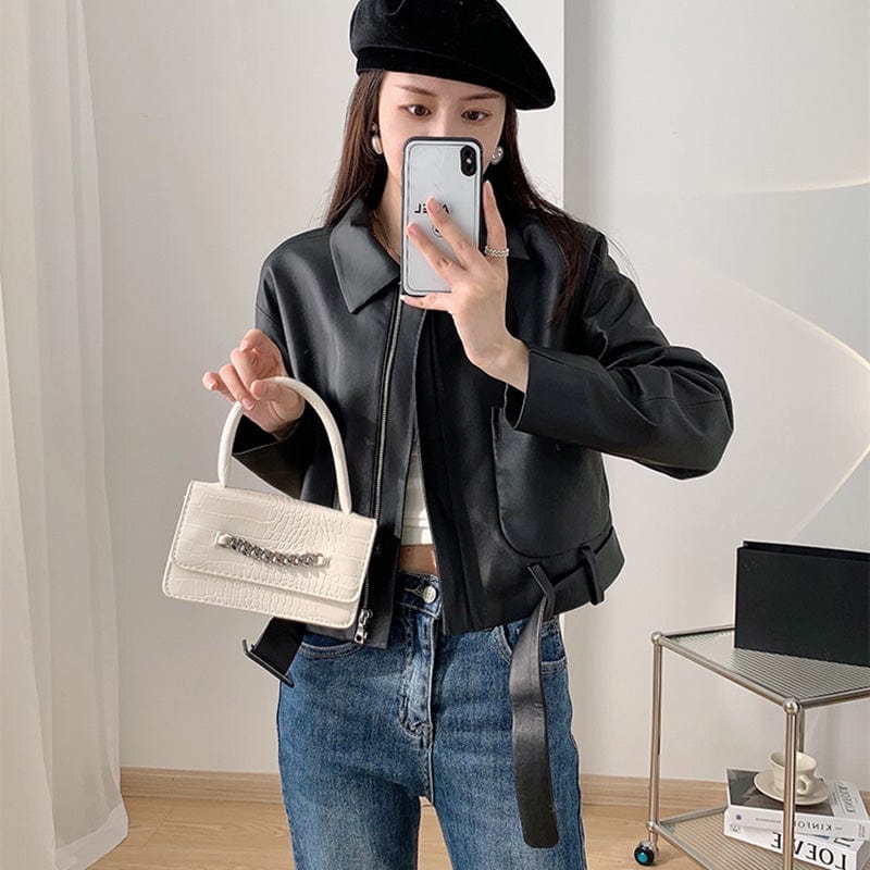 High Quality Women Solid Color Cropped Genuine Sheep Leather Jacket with Belt