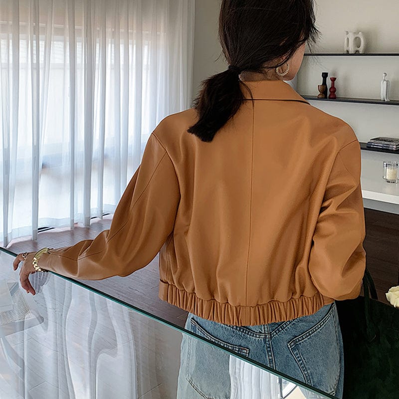 High Quality Women Solid Color Cropped Genuine Sheep Leather Jacket with Belt