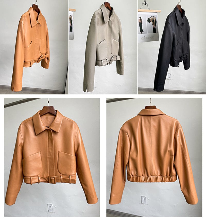 High Quality Women Solid Color Cropped Genuine Sheep Leather Jacket with Belt