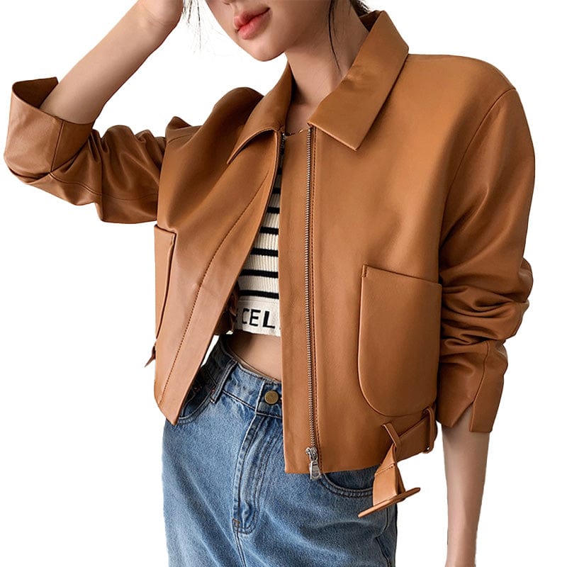 High Quality Women Solid Color Cropped Genuine Sheep Leather Jacket with Belt