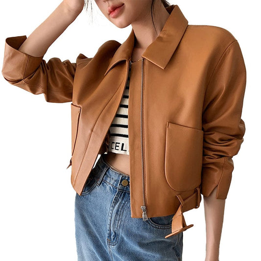 High Quality Women Solid Color Cropped Genuine Sheep Leather Jacket with Belt