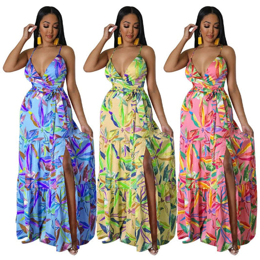 high quality women summer 2023 party casual plus size boho high slit v neck floral print night slip on dress maxi 2022 elegant