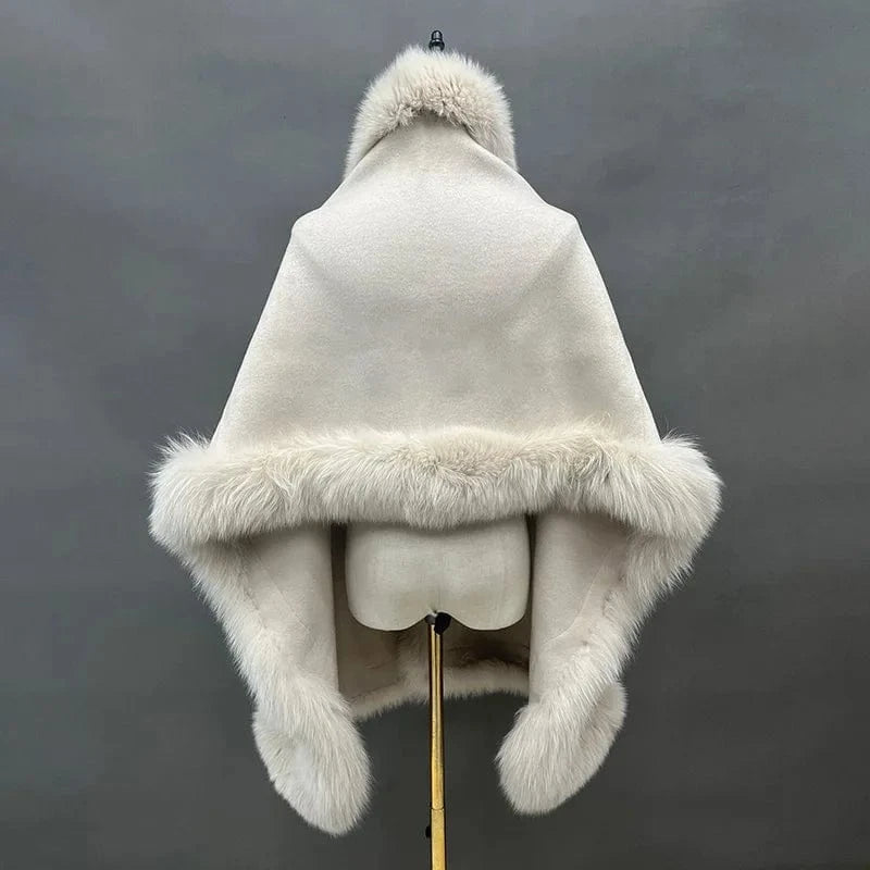 High Quality Wool Cape Real Fox Fur Trimming Shawls Elegant Wool Ponchos for Women