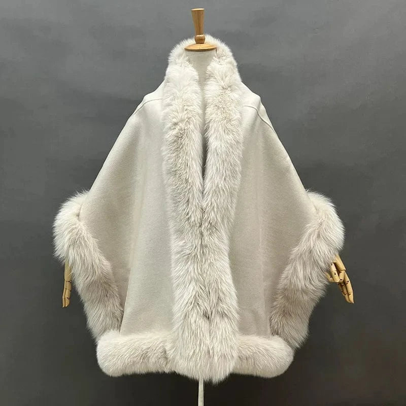 High Quality Wool Cape Real Fox Fur Trimming Shawls Elegant Wool Ponchos for Women