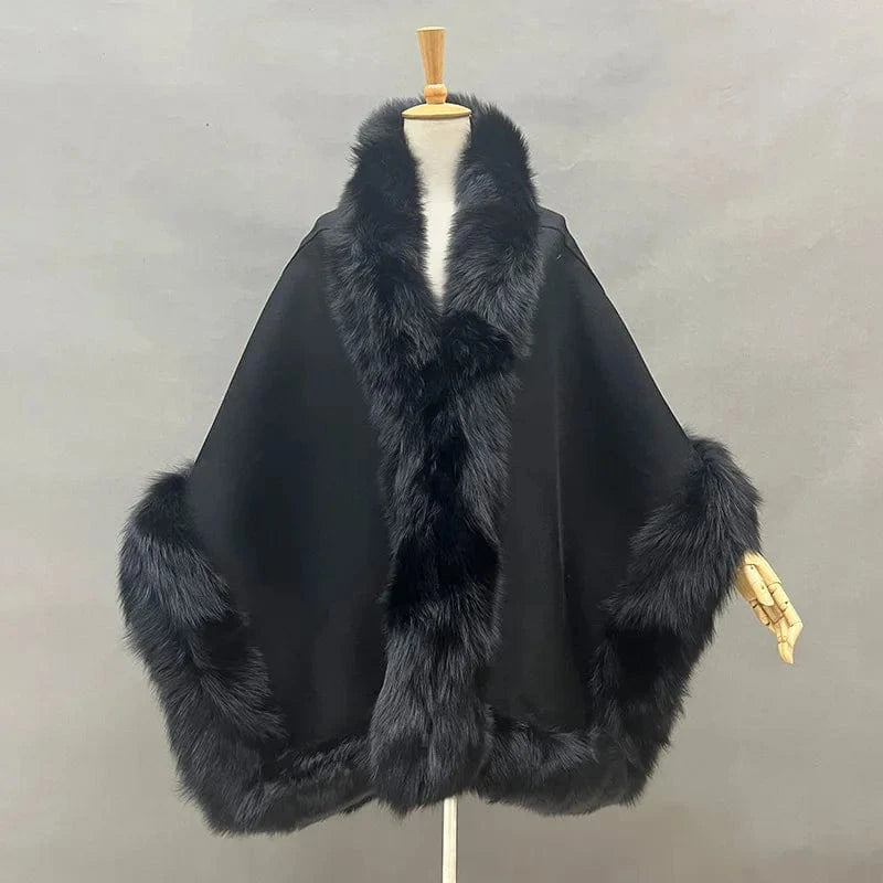 High Quality Wool Cape Real Fox Fur Trimming Shawls Elegant Wool Ponchos for Women