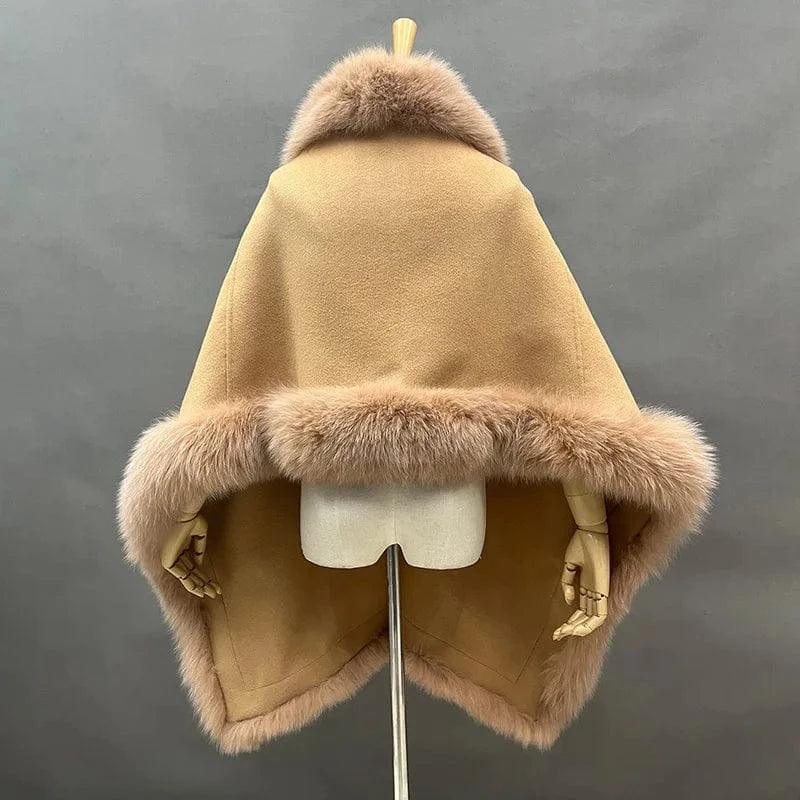 High Quality Wool Cape Real Fox Fur Trimming Shawls Elegant Wool Ponchos for Women