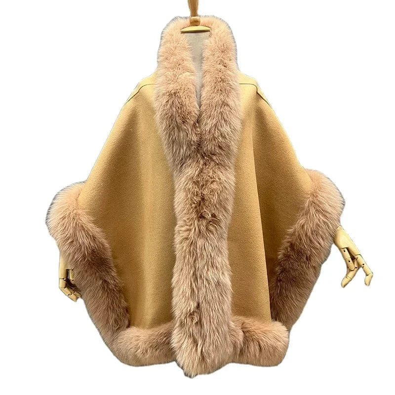 High Quality Wool Cape Real Fox Fur Trimming Shawls Elegant Wool Ponchos for Women