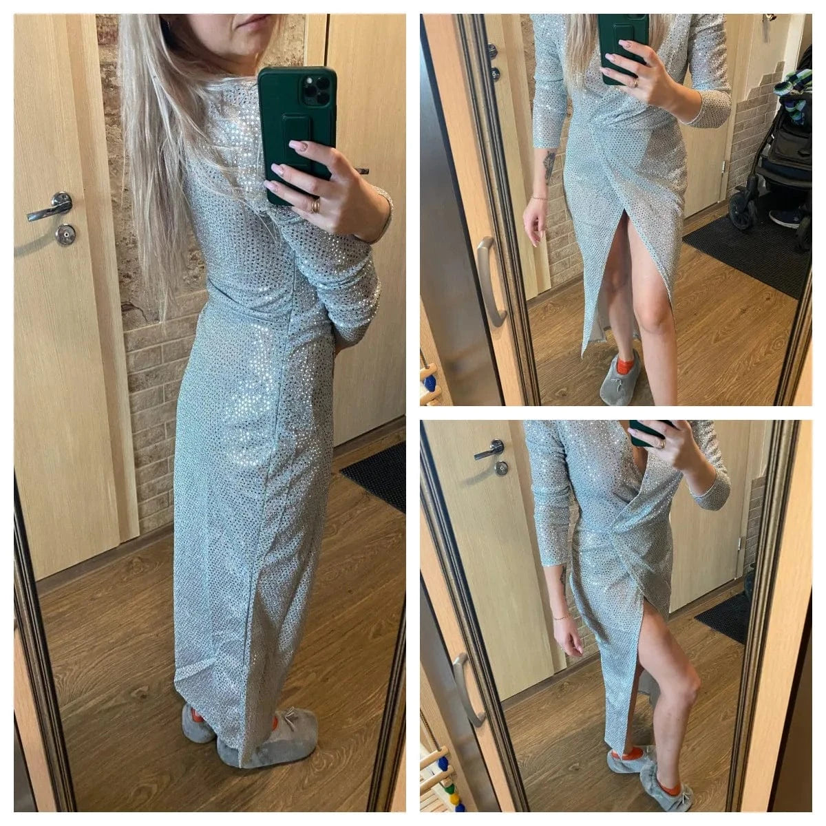 High Slit Shiny Sequin Dress Women Sexy V Neck Robe Club Party Dress Spring Autumn Hollow Out Slim Long Draped Dresses