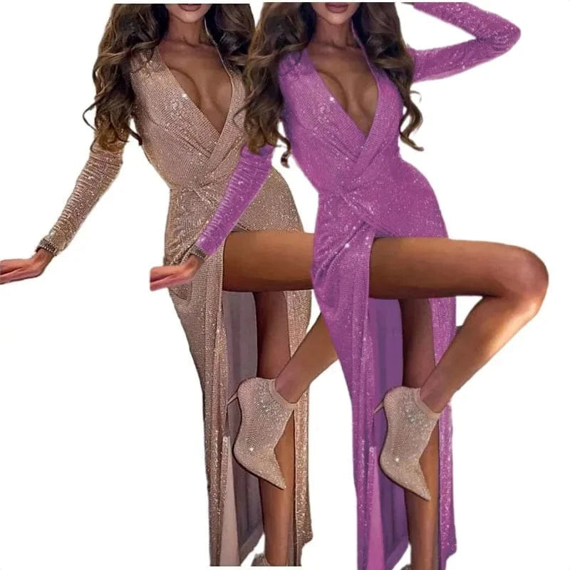 High Slit Shiny Sequin Dress Women Sexy V Neck Robe Club Party Dress Spring Autumn Hollow Out Slim Long Draped Dresses