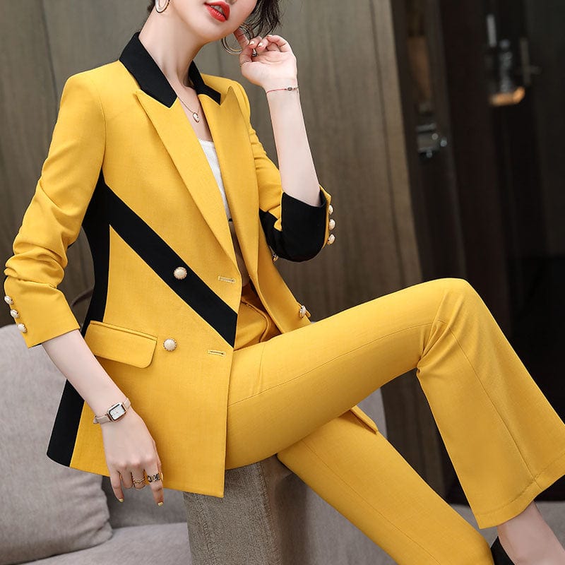 High Street Fashion Style 2 Piece Suit Set for Women Colorful Candy Color Contrast Pant Suits Office Lady Blazer with Trouser