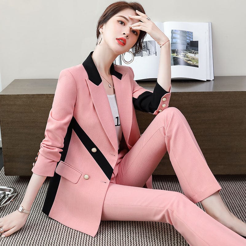 High Street Fashion Style 2 Piece Suit Set for Women Colorful Candy Color Contrast Pant Suits Office Lady Blazer with Trouser
