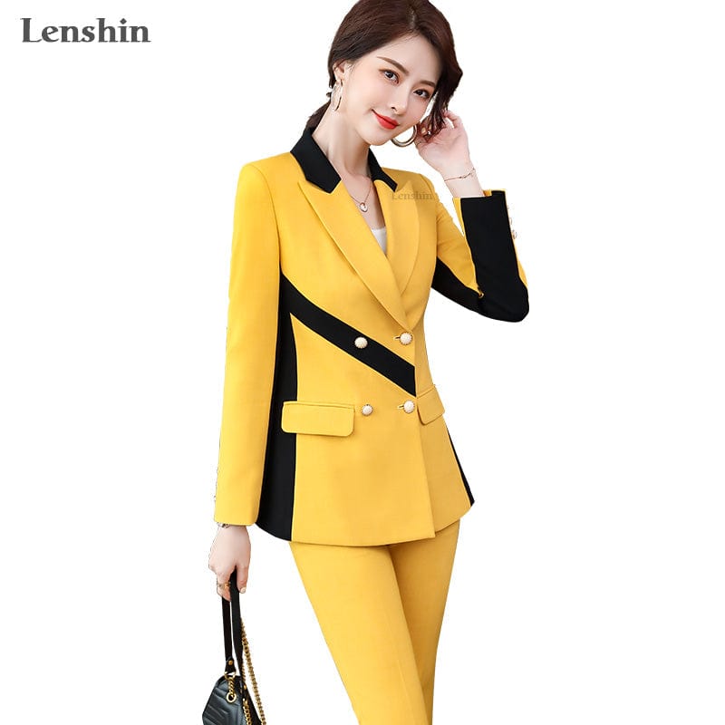 High Street Fashion Style 2 Piece Suit Set for Women Colorful Candy Color Contrast Pant Suits Office Lady Blazer with Trouser