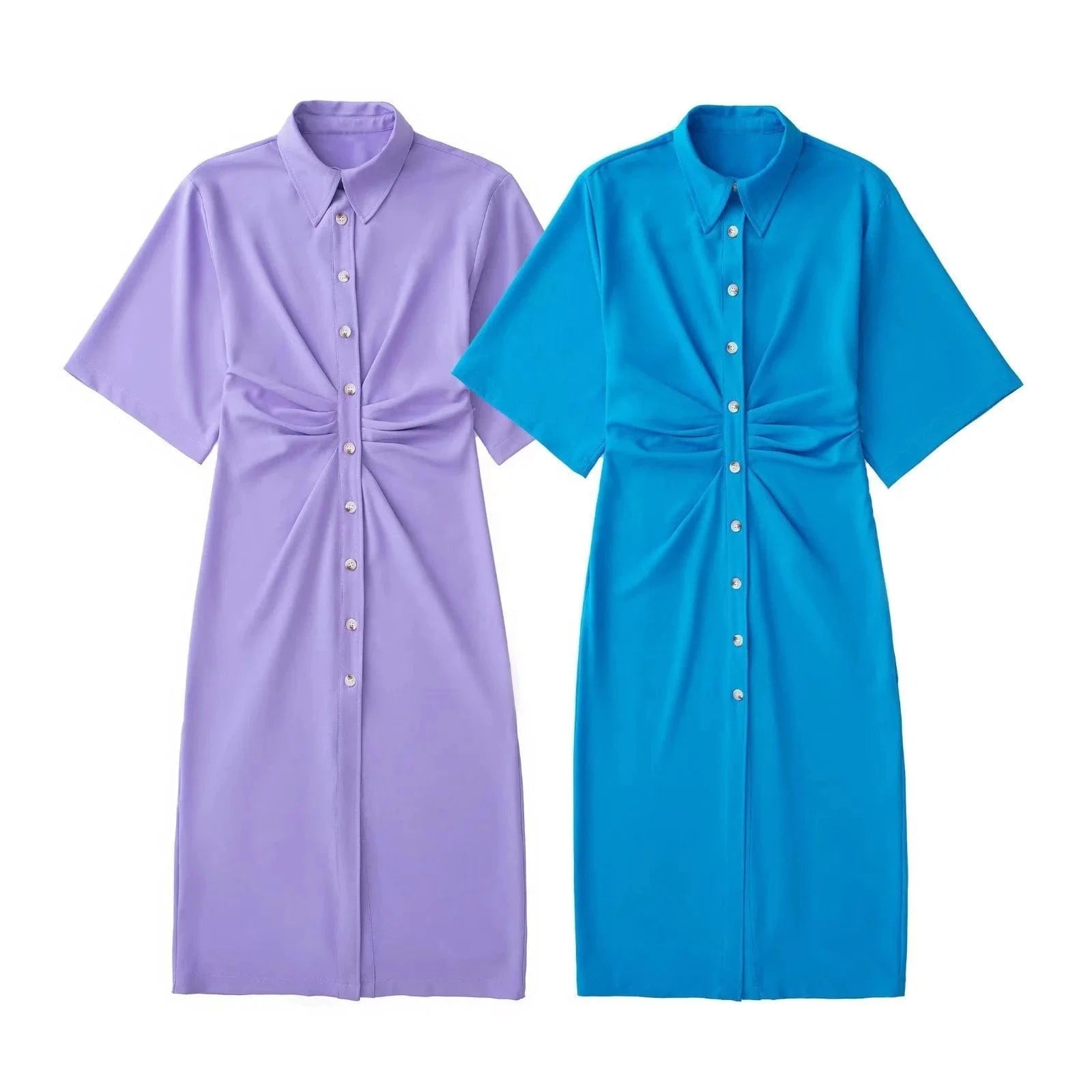 High Stretch Kimono Flared Short Sleeves Y2K Midi Casual Women Shirt Dress with Button Front Pleated Side Zipper