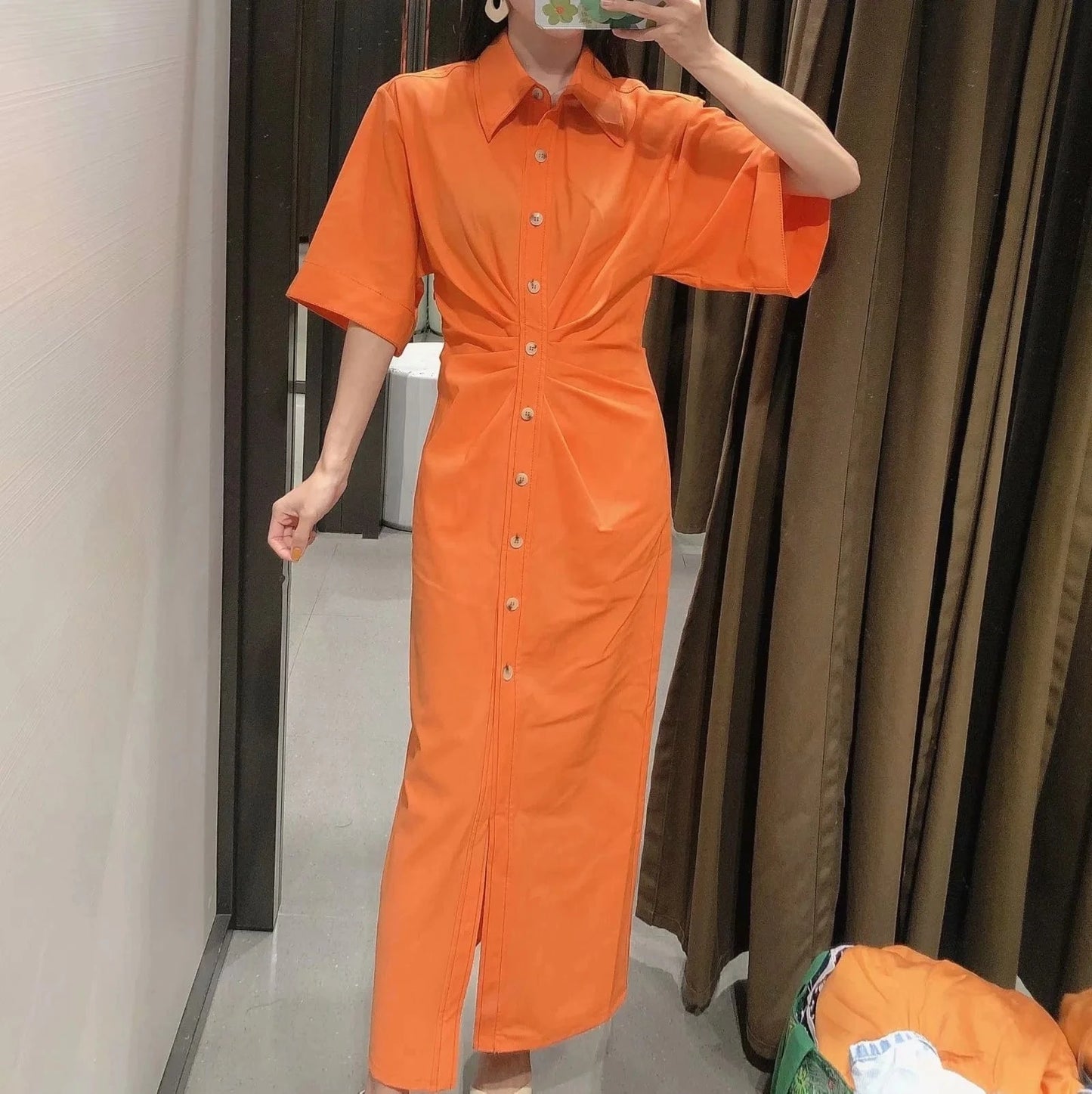 High Stretch Kimono Flared Short Sleeves Y2K Midi Casual Women Shirt Dress with Button Front Pleated Side Zipper