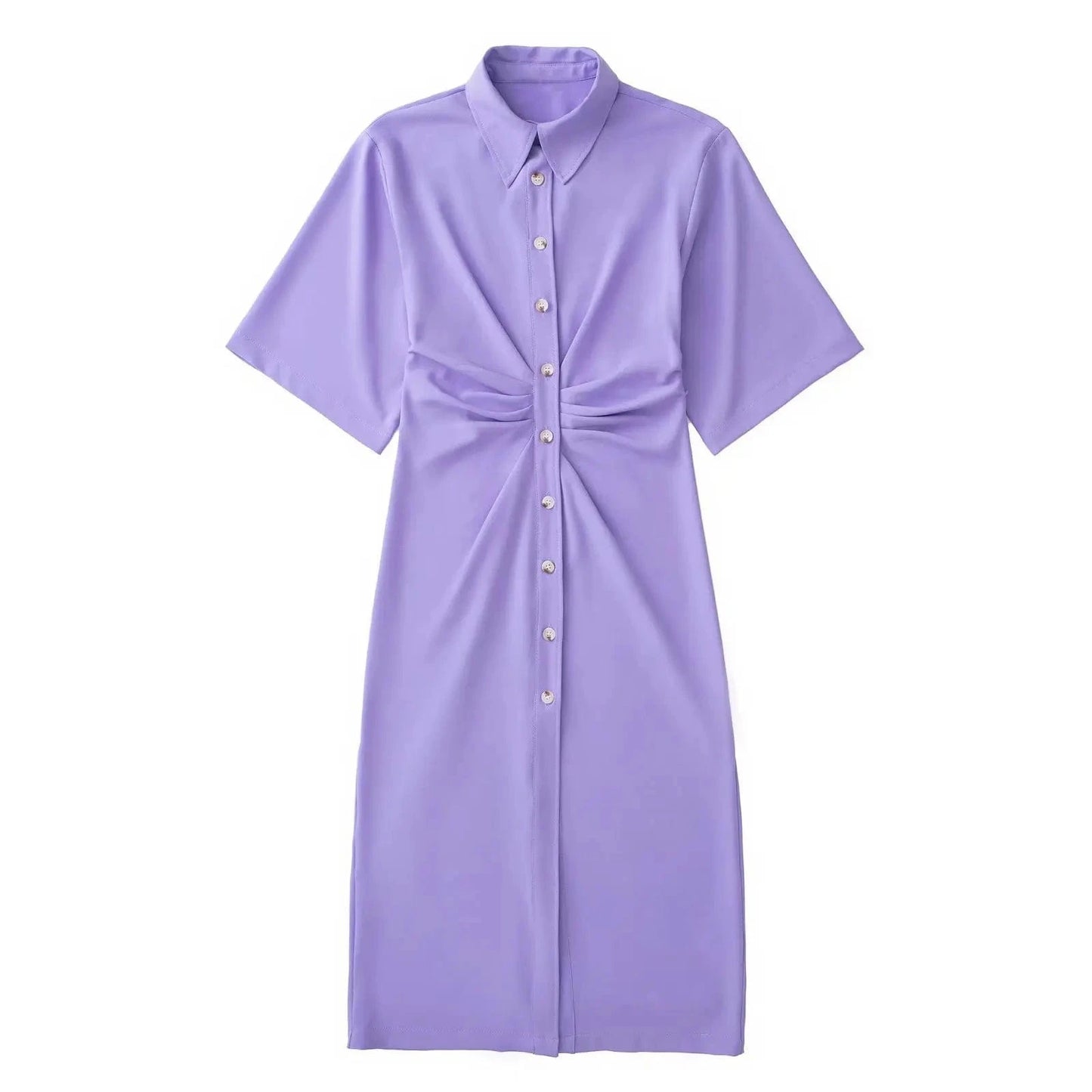 High Stretch Kimono Flared Short Sleeves Y2K Midi Casual Women Shirt Dress with Button Front Pleated Side Zipper