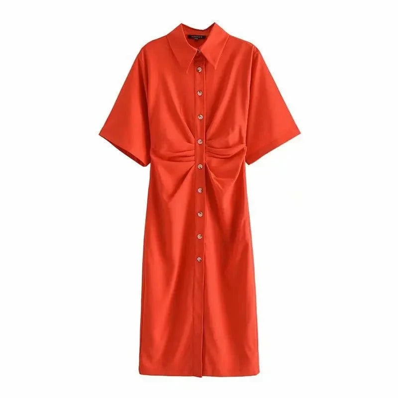 High Stretch Kimono Flared Short Sleeves Y2K Midi Casual Women Shirt Dress with Button Front Pleated Side Zipper